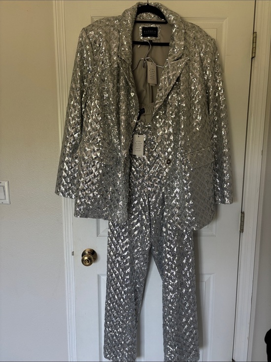 Eloquii Pants - Eloquii Sequin Diamond Quilt Pattern Blazer + Wide-Leg Pant Suit Set - 22W Plus